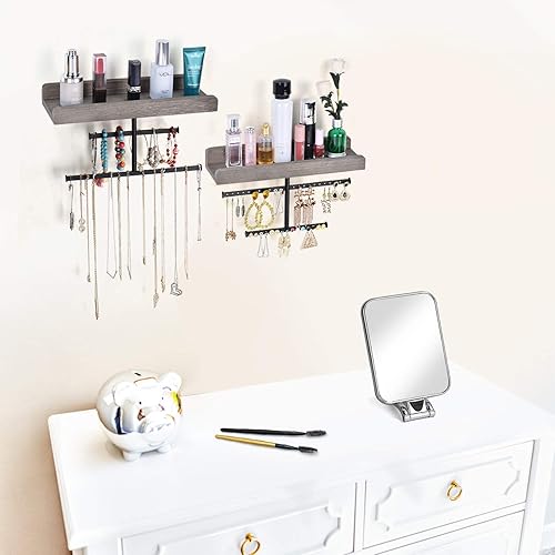 Miniatura 2 de Keebofly Organizador de joyas colgante de pared con soporte de joyería de madera rústica para collares, pulseras, aretes, anillos, juego de 2 Gris