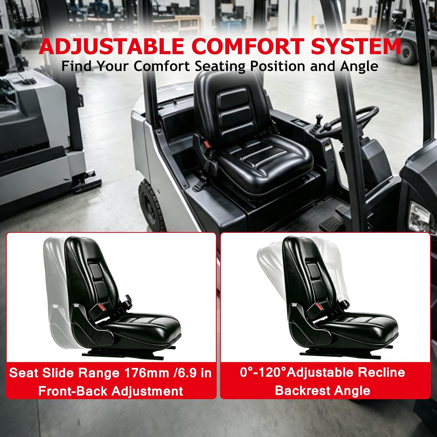 Universal Forklift Seat, Tractor Seat with Adjustable Angle Back, Slide, for Tractor, Excavator, Skid Loader, Backhoe, Dozer, Telehandler