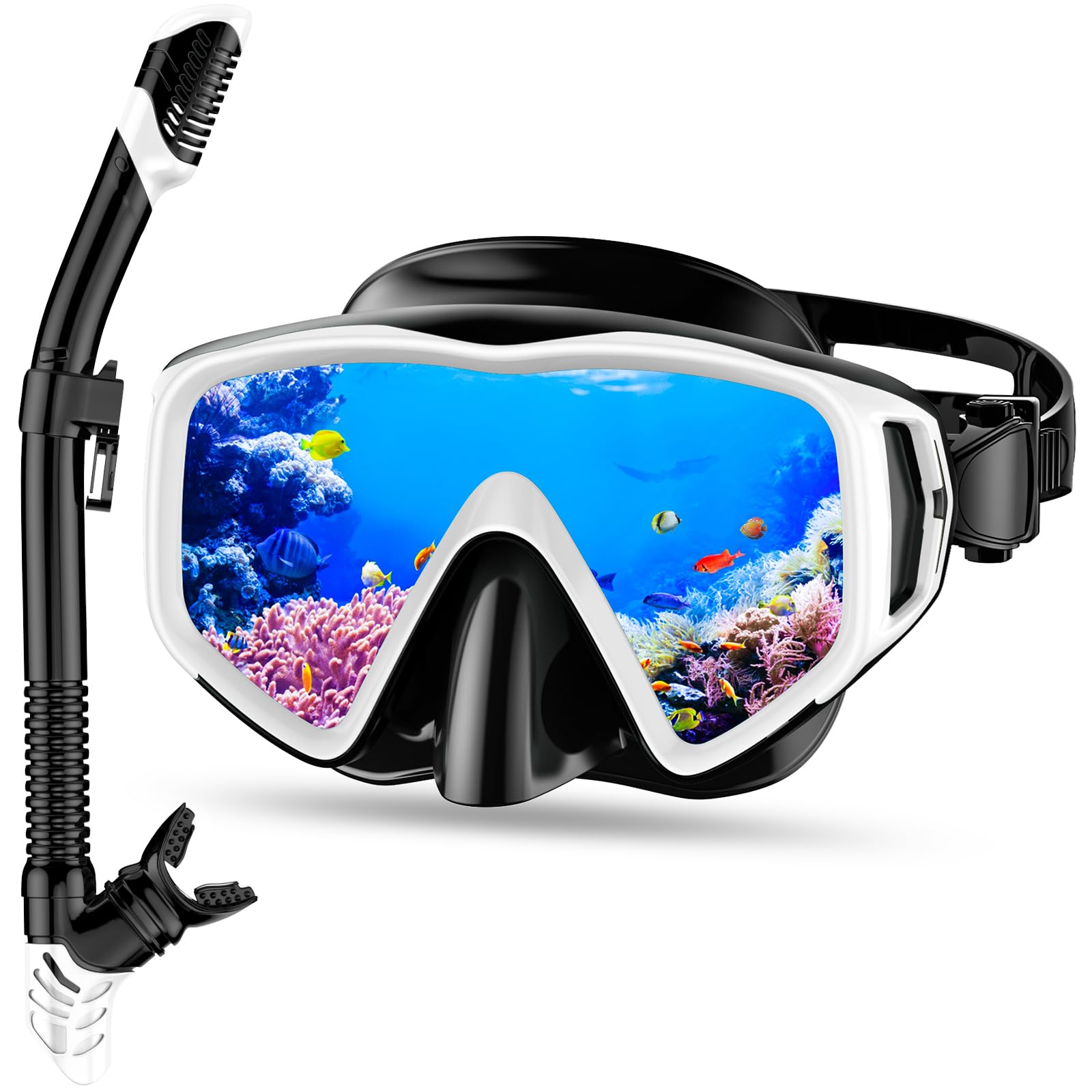 WISHBETY Juego de esnórquel para adultos, con gafas de buceo y tubo seco para hombre y mujer, antifugas y antivaho, máscara de buceo de vidrio templado para buceo, esnórquel y natación