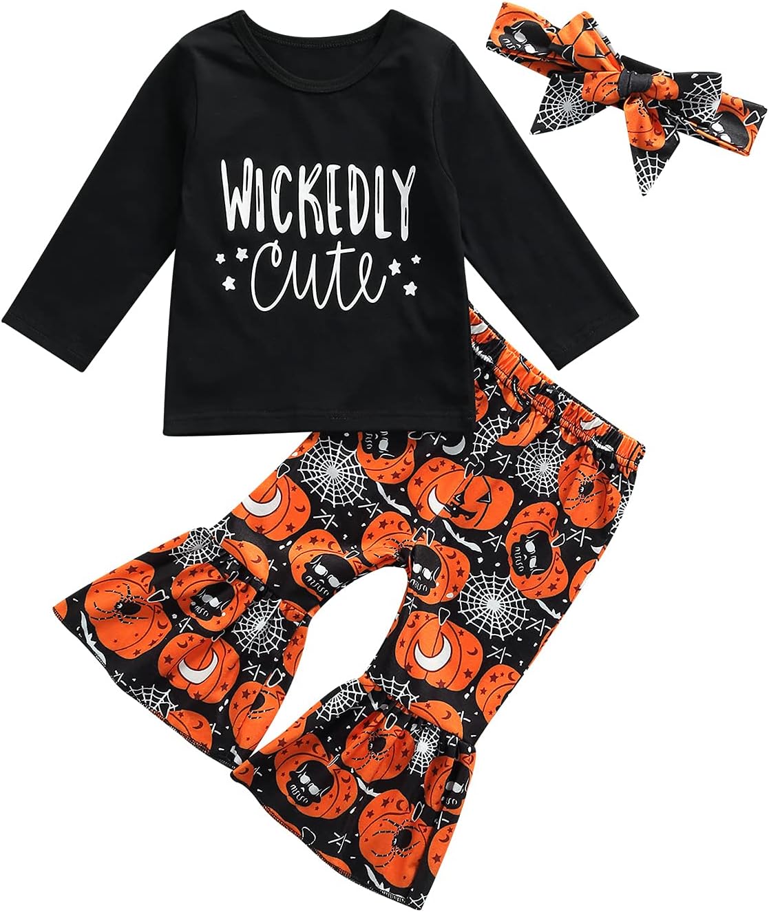 HnyenmckoBaby Girl Halloween Clothes Set Long Sleeve Letter Tops Pumpkin Bell-Bottoms Pants with Headband 3Pcs Fall Outfits
