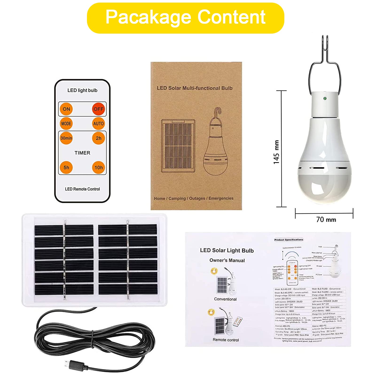 Lampadina a LED a energia solare, da 9 W, con telecomando e 3 modalità, 350 lumen, con carica USB, per giardino, patio, escursionismo, campeggio, pesca, illuminazione