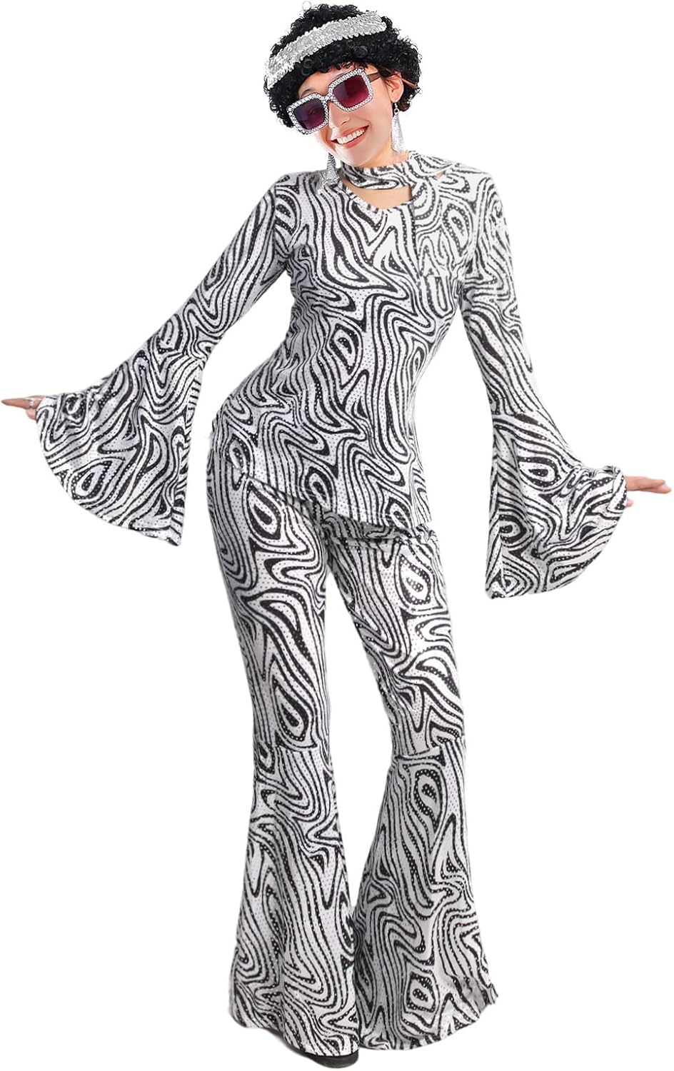 70s Disco Outfits for Women, Retro 8 PCS Disco Costume with Top, Pants, Sunglasses, Ring, Earrings, Wigand - Image 2