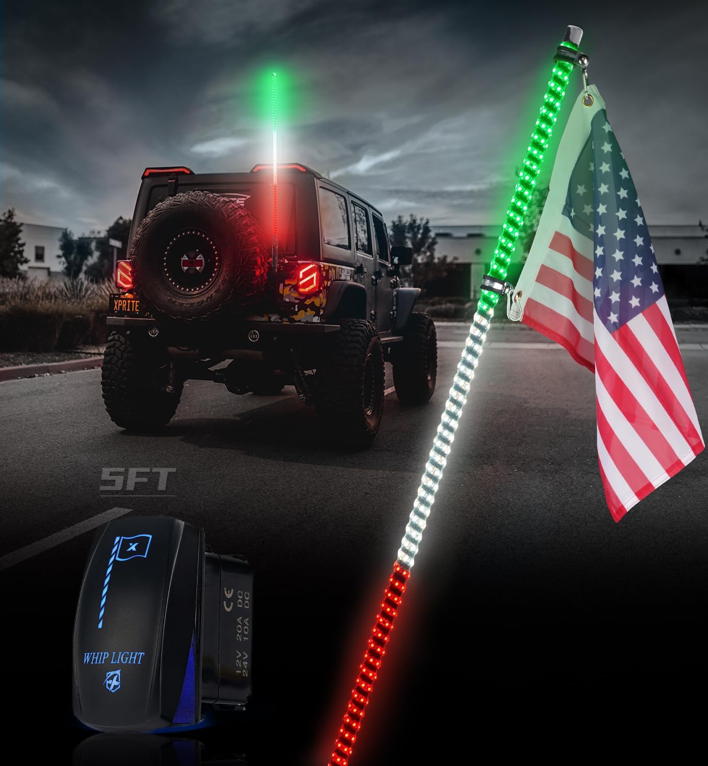 xprite 1pc 5ft green white red spiral led whip lights with built-in spring base, safety lighted antenna whip w/american mexico flag, compatible with sxs atv utv polaris rzr truck jeep