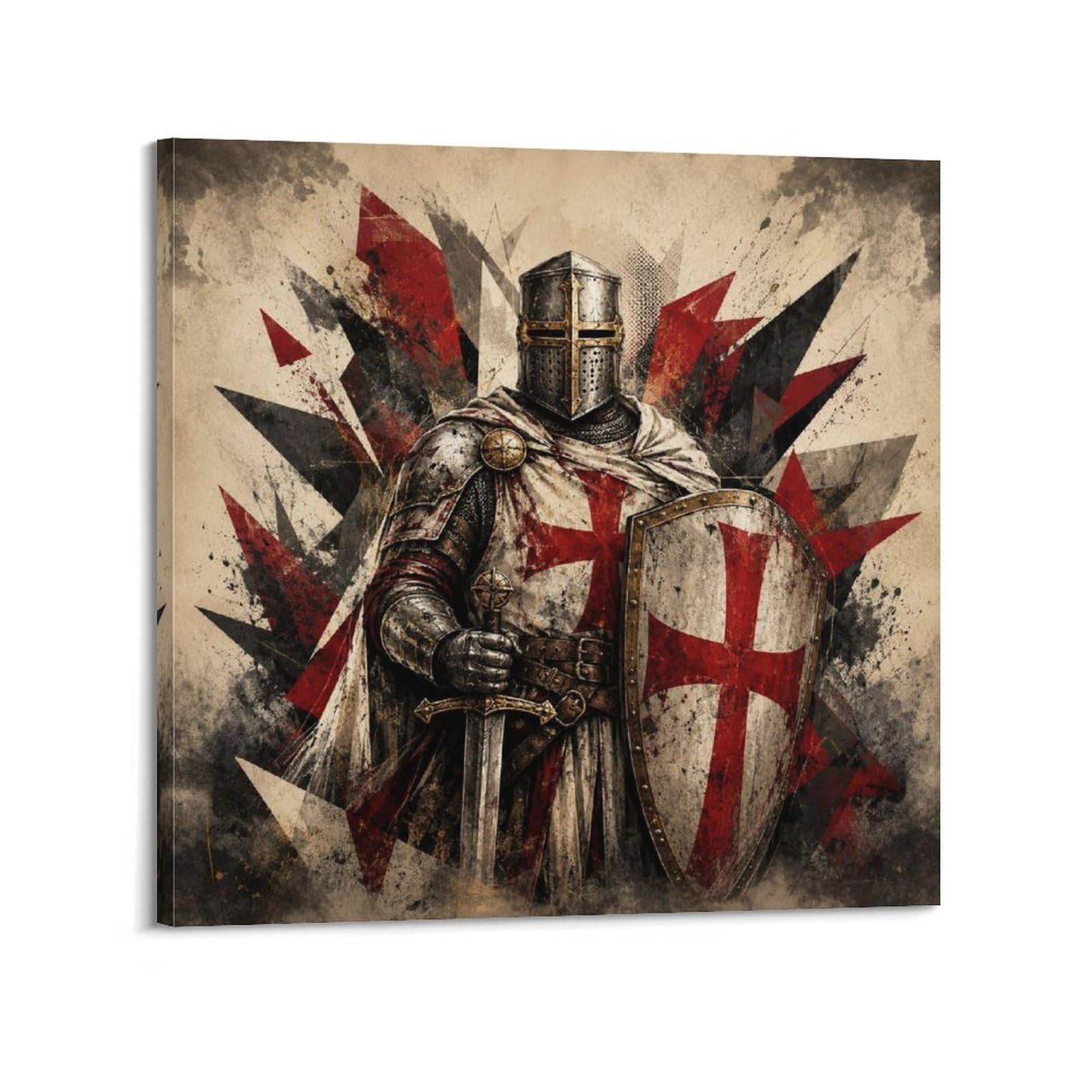 XKUGA Crusader Knight Geometric Shield Poster Red Sacred Armor Modern Decorative Canvas Prints - Ideal Wall Art for Family, Man Cave, Game Room, Boys & Girls Bedroom 12x12inch(30x30cm)