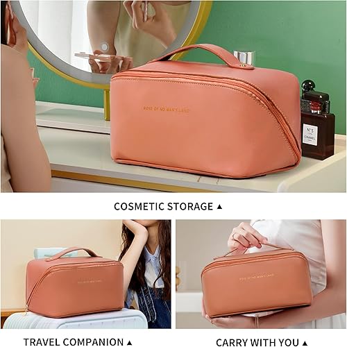 Miniatura 4 de Bolsa organizadora de maquillaje de cuero PU portátil impermeable para kits de cuidado de piel cosméticos bolsas de artículos de tocador, Marrón,