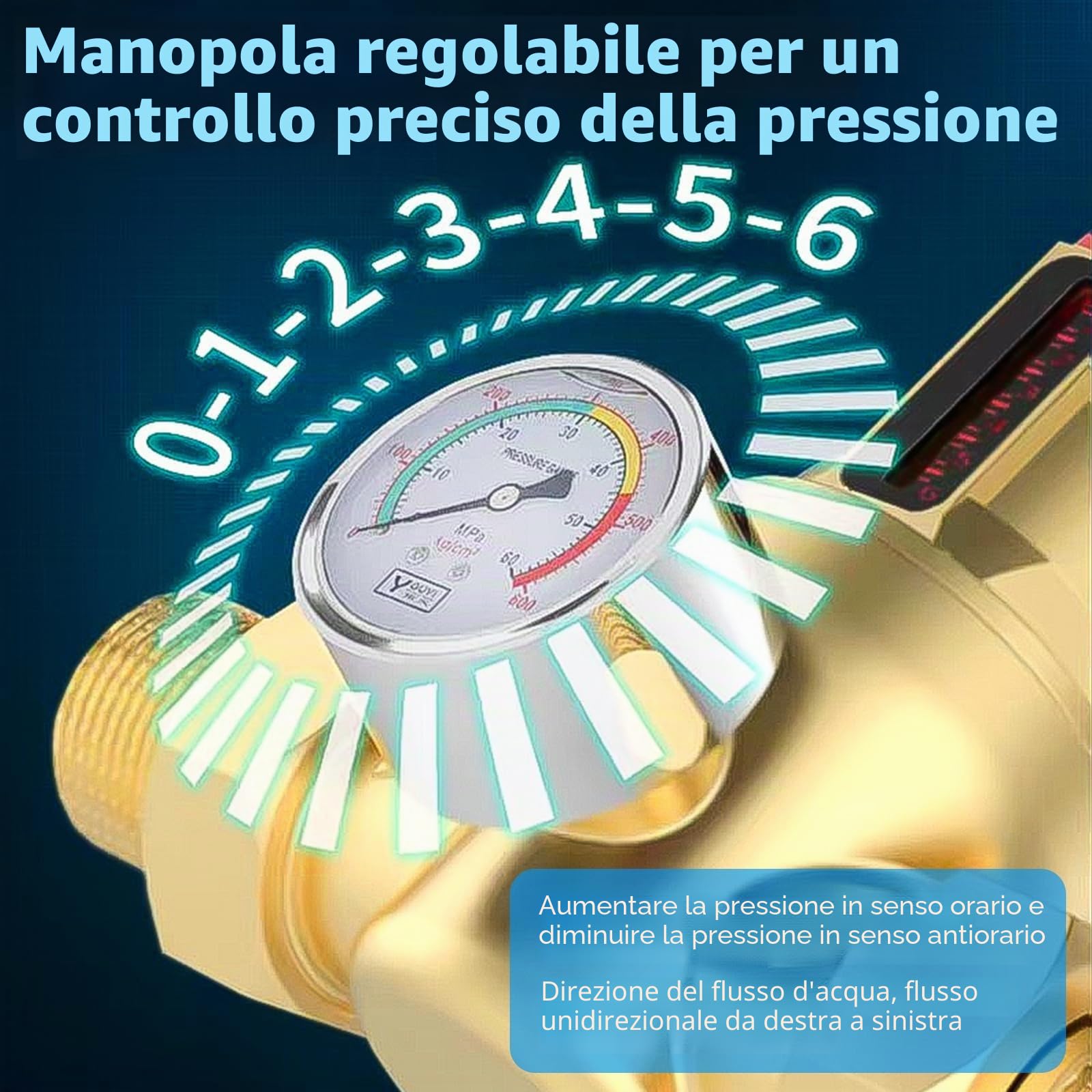Riduttore di Pressione Acqua 1 pollice, Regolatore Di Pressione Acqua Con Manometro Acqua E Filtro A Rete, Riduttore Pressione Acqua In Ottone Per La Regolazione Della Pressione Dell'Acqua (Ottone)