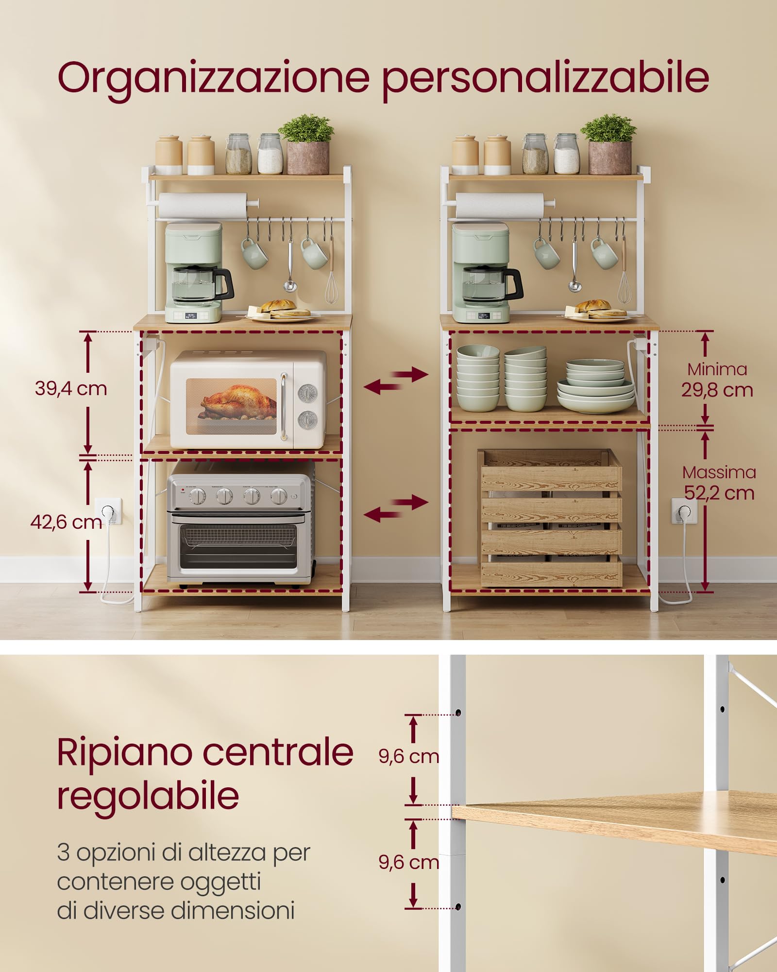 Scaffale Cucina VASAGLE Con Prese Elettriche - 170 Cm Con Piano Alto 90 Cm, 8 Ganci E Scomparto Chiuso