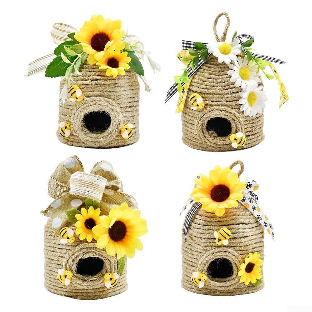 FACAIIO Handgefertigter Jute-Bienenstock-Ornament mit Holzbienen, Büffelkariertes Band, Landhaus-Dekoration (A und A)