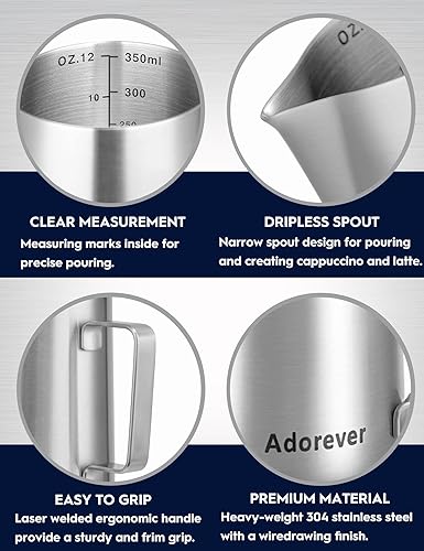 Miniatura 48 de Jarra espumadora de leche de 350 ml, 600 ml, 900 ml, 1500 ml y 2000 ml (12 onzas, 20 onzas, 32 onzas, 50 onzas y 66 onzas), de acero inoxidable
