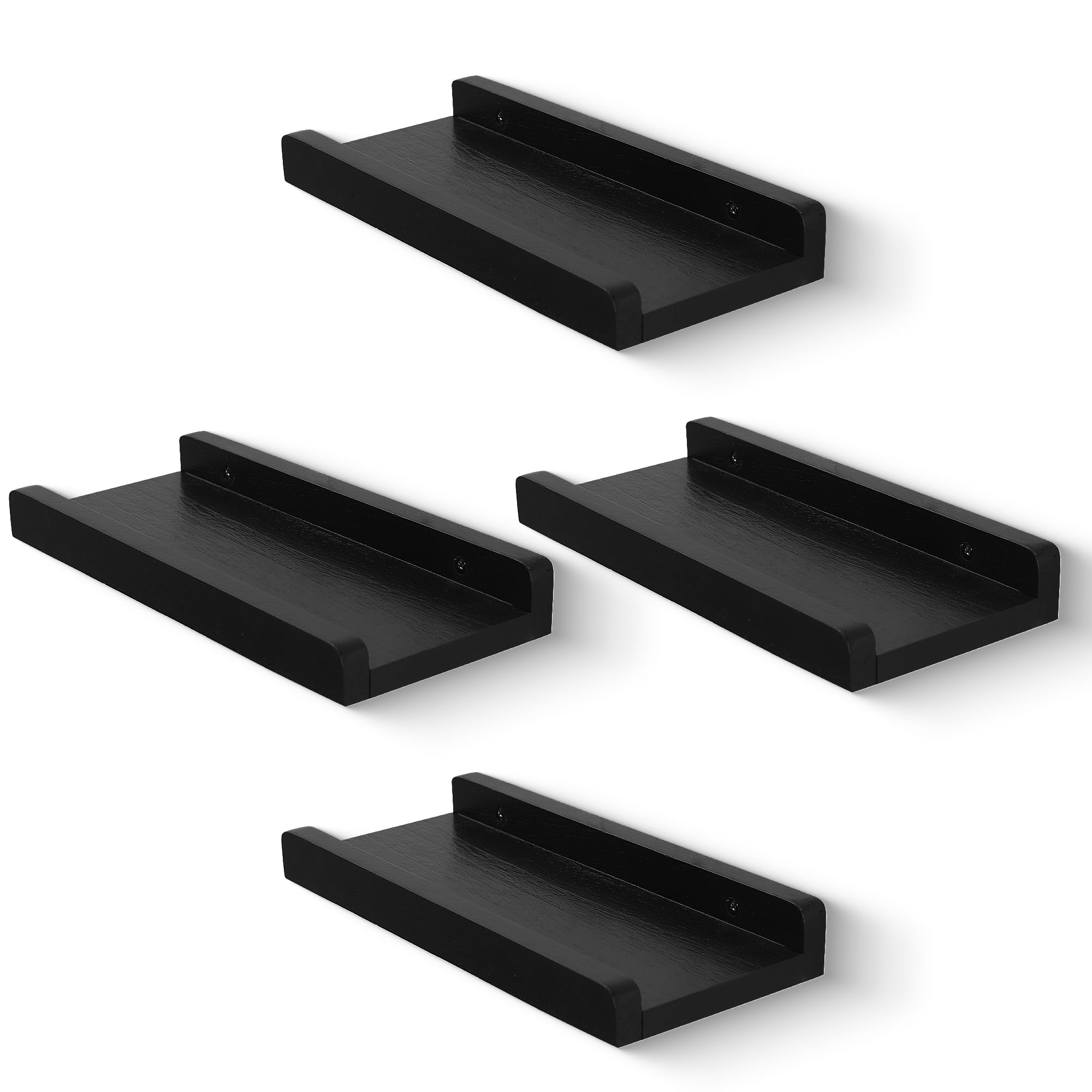 MIHORLIFE Solid Wood, 30cm Small Wall Picture Shelves Ledge, Rustic Wood Floating Shelf, Decorative Display Photo Racks For Living Room, Kitchen, Bedroom, Kitchen, Books, Set of 4, Rustic Black
