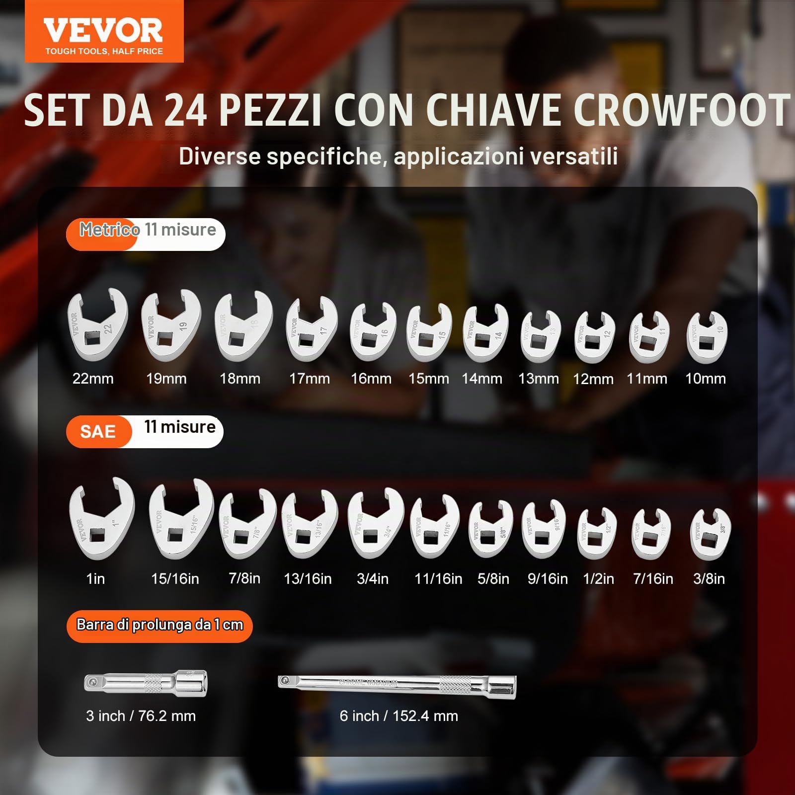 VEVOR Set di 24 chiavi a piede di corvo 3/8" attacco, 3/8"-1" SAE chiave a piede di porco metrica 10-22mm, acciaio CR-MO con custodia, compatibile con chiave dinamometrica, per riparazione auto