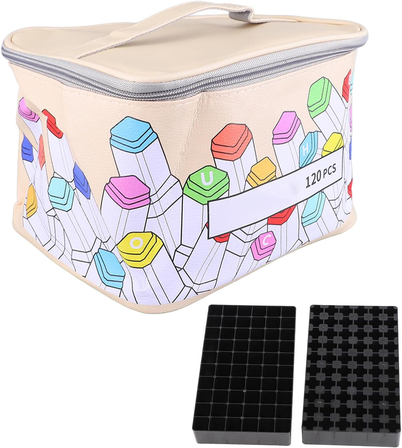Fockety 120 Slot Marker Case, PU Leather Holder with Large Opening, Zipper, Carry Handle, Multi-Purpose Art Pens Pencils Lipstick Mascara Storage