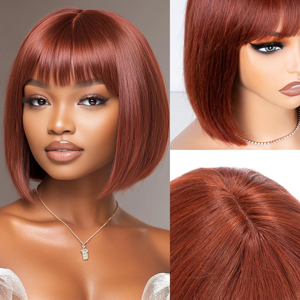 JOEDIR HAIR Reddish Brown Short Bob Wigs Human Hair 8 Inch HD Lace Glueless Wear and Go Bob Wig With Bangs Human Hair Wig for Black Women 2x1 Lace