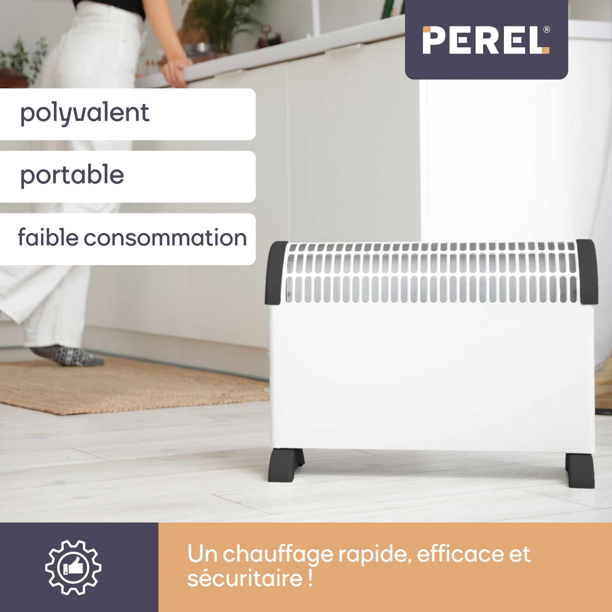 Perel Chauffage convecteur 2000W, convecteur électrique avec 3 niveaux de chaleur, thermostat, IP20 protection contre la surchauffe, portable ou mural pour pièces jusqu’à 60 m³