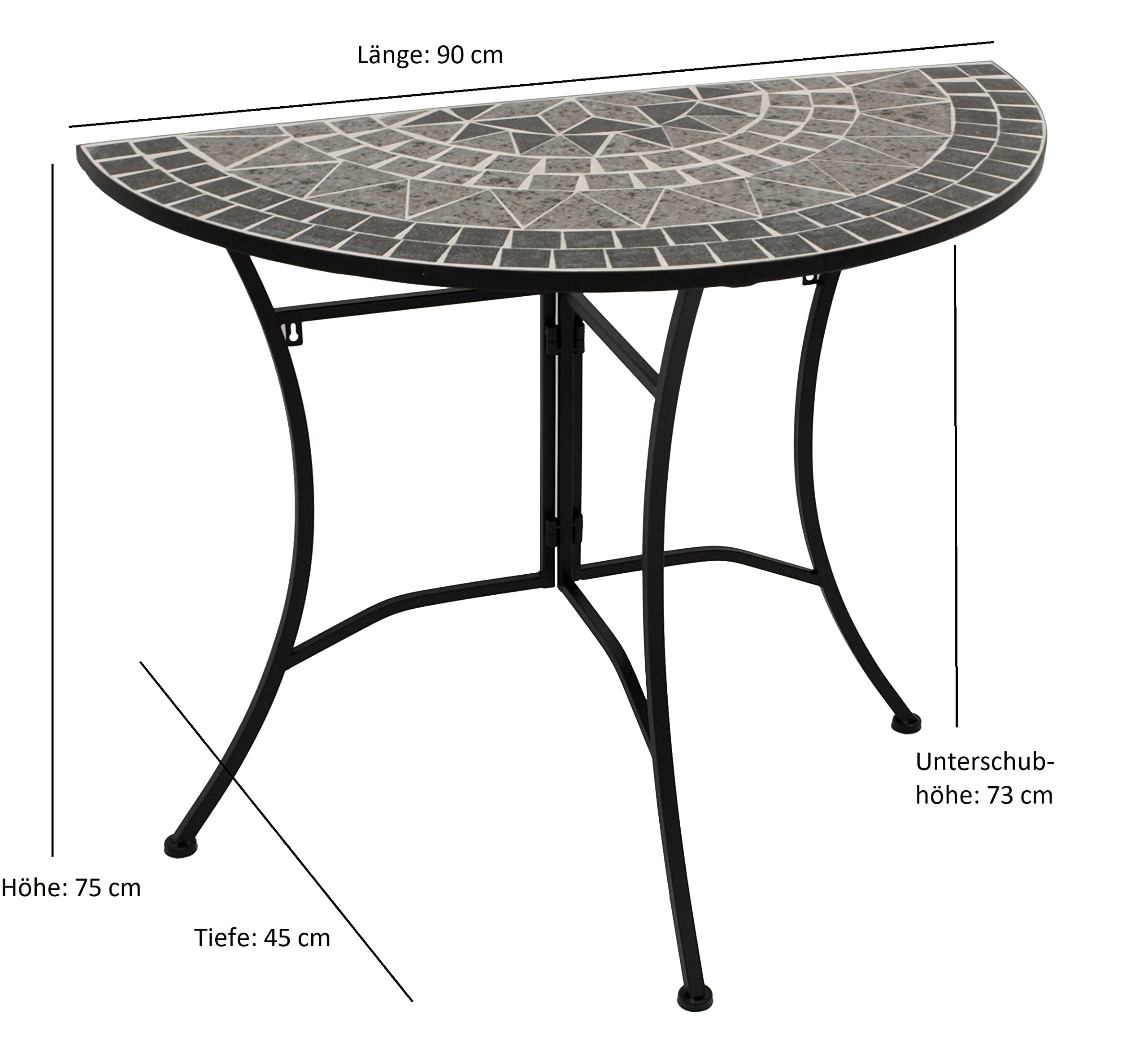 DEGAMO Balkonset Siena 3-teilig, 2X Klappstuhl und 1x Tisch 45x90cm halbrund, Eisen schwarz mit Mosaik Dekor grau/Weiss, mit Polstern grau