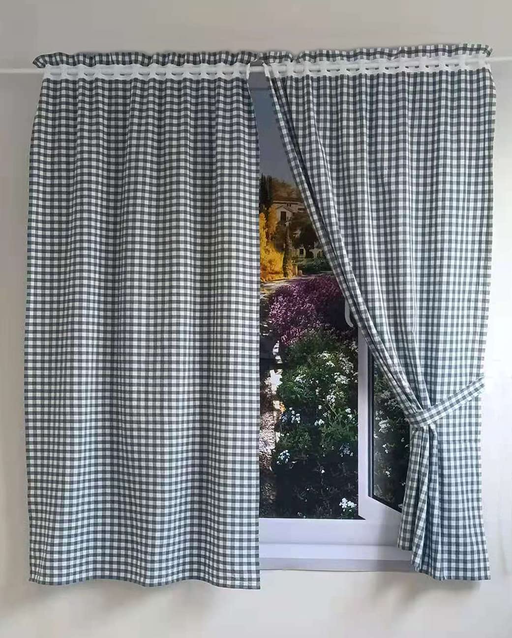 Karo Vorhänge Küchenvorhänge mit Raffhalter HxB 160x100cm 2er Set | Blau Gardinen mit Vichy-Karo Muster Landhausstil Halbtransparent Gardinenschals Gingham für Küche Wohnzimmer Balkon