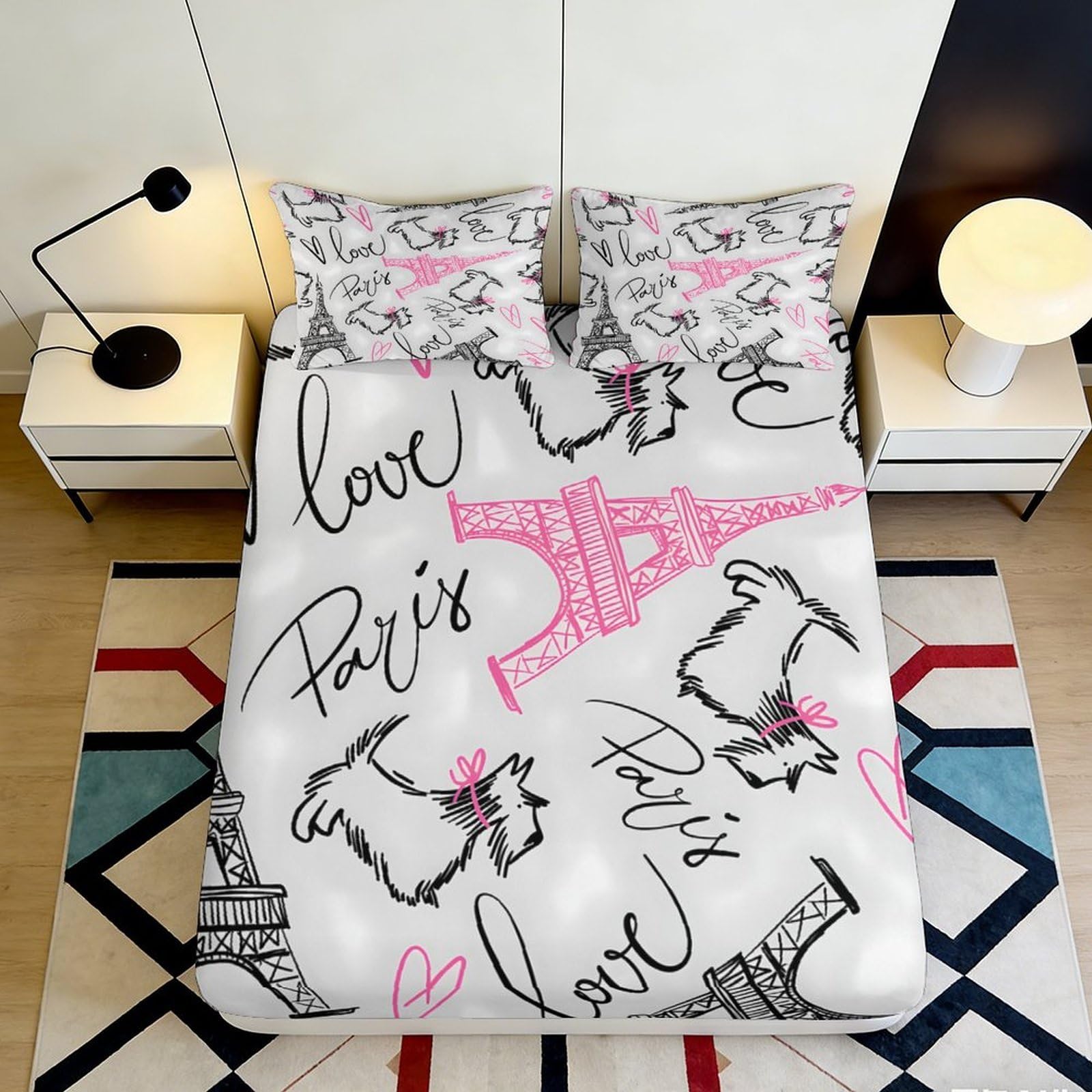 Pnayamiorkfel Style-8 3D Printed Eiffel Tower Love Paris Fitted Sheet Microfiber Soft Bed Cover For Bedroom Guest Room Decor Dustproof 90X200x25cm