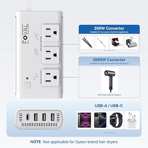 Miniatura 7 de Convertidor de voltaje de viaje de 220V a 110V, convertidor de potencia FOVAL de 2000W para secador de pelo, alisadorrizador con 4 puertos USB (1