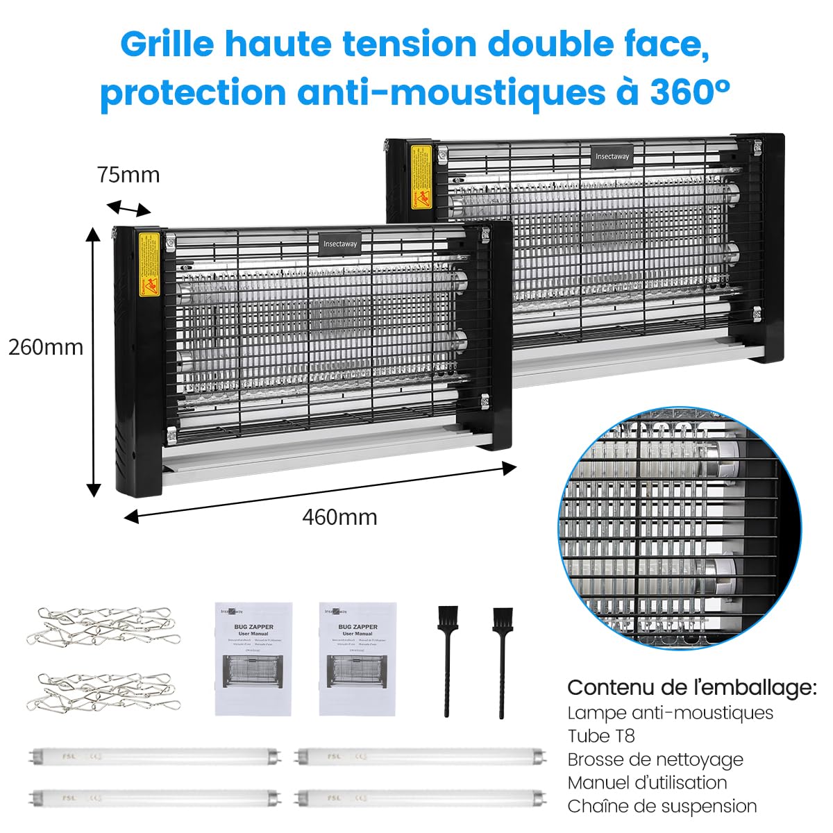 Tue Mouche Electrique Format XXL 2PCS, 2400V Lampe Anti-Moustique, Interieur 20W 2 lumière UV, Pièges à Mouche Tueur Lampe, Destructeur d' Insectes, Maison, Cuisine, Bureau, 4 Ampoules de Rechange