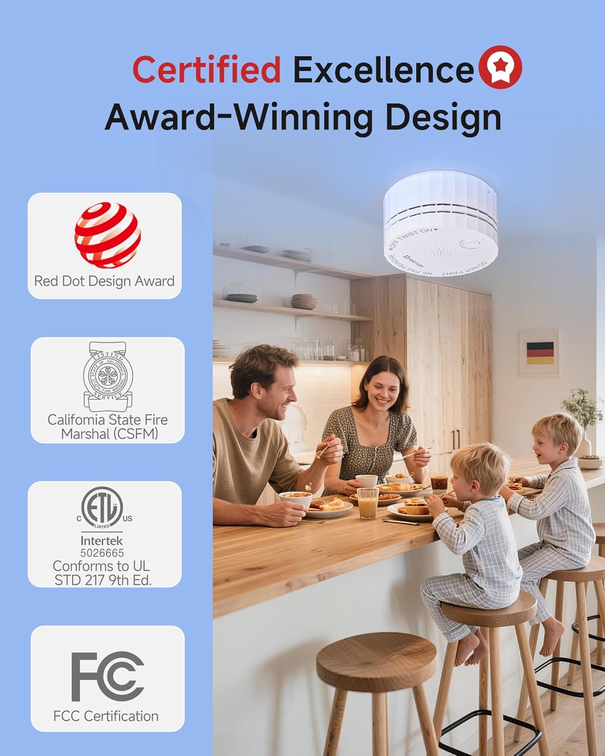 Heiman Smoke Detectors, Wireless Interconnected Photoelectric Battery Operated Smoke Alarms, Ul 217 10th Certified, Interlinked Portable Mini for Home Indoor Residential, 3 Pack