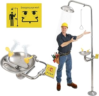Combination Eye Wash Station, Emergency Eyewash Stations OSHA Approved 304 Stainless Steel Eyewash Shower Station for Industrial & Commercial & Lab Use,NPT Thread, with Emergency Sign