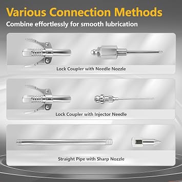GEVEELIFE 8PCS Grease Gun Tips,Grease Gun Needle Includes Lock Coupler, 90Adapter, Plain Coupler, Sharp Nozzle,Needle Nozzle, Injector Needle,Straight Pipe,Bend Pipe
