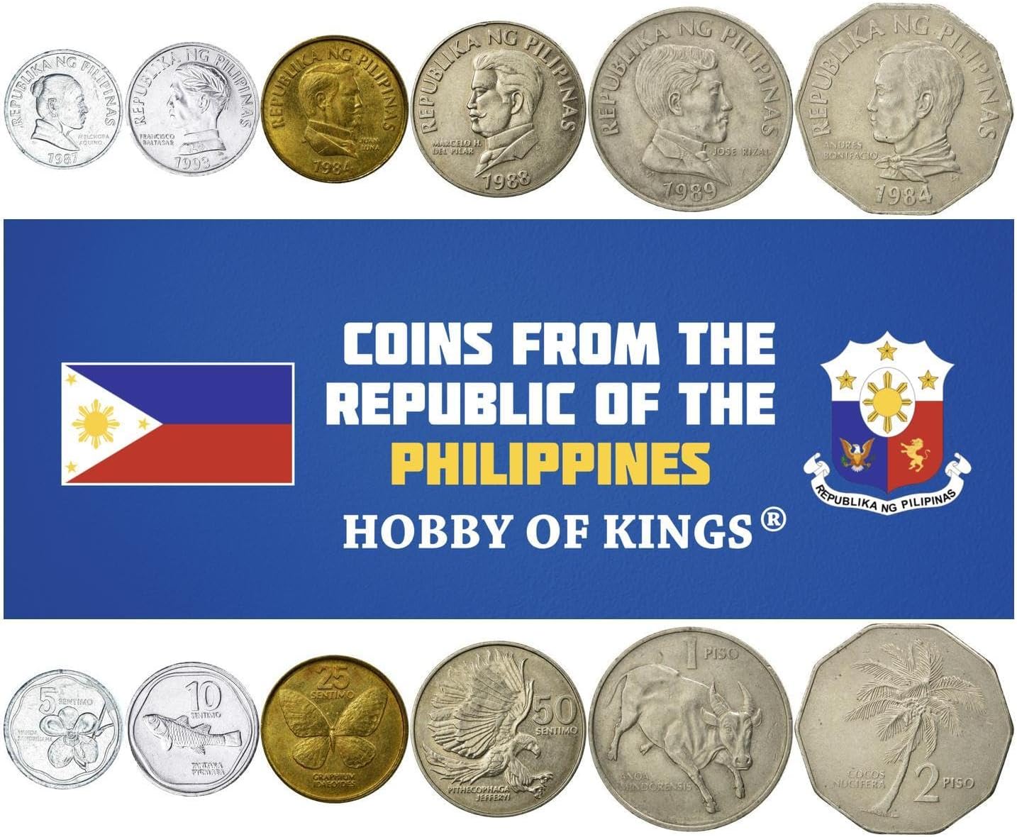 6 Coin Set from Philippines | 1 5 10 25 50 Sentimos 1 Piso | Lapulapu | Melchora Aquino | Francisco Baltasar | Juan Luna | Marcelo H. Del Pilar | Jose Rizal | 1967-1974
