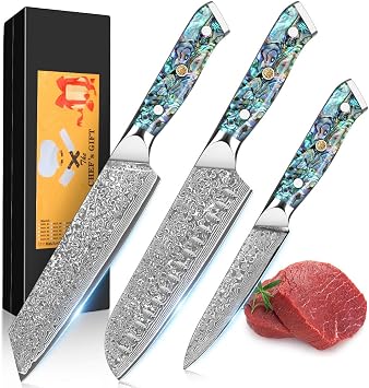 KEENZO 3PCS Kitchen Knife Set, Professional Kitchen Knives with 8"Chef, 8"Kiritsuke knife, 5"Utility Knife, Japanese Hand Forged 67 Layers Damascus Steel Cooking Knife, Ergonomic Abalone Shell Handle