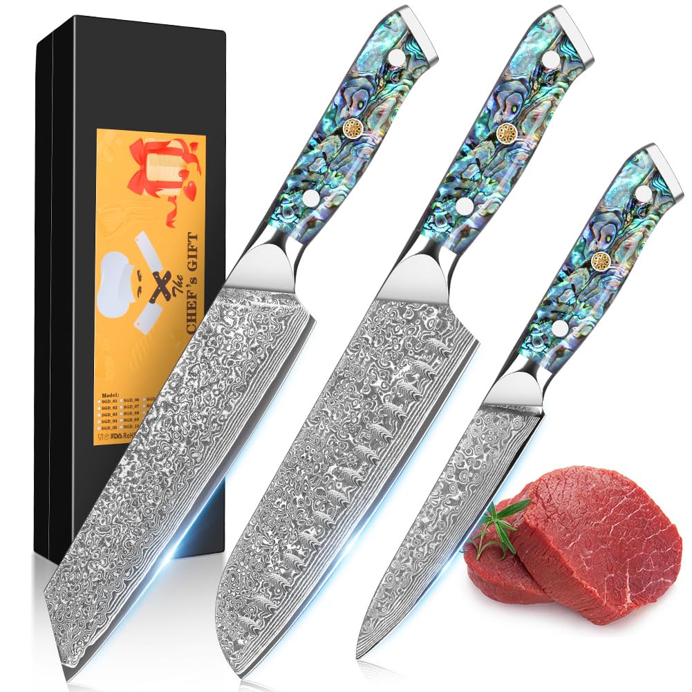 KEENZO 3PCS Kitchen Knife Set,Professional kitchen knives with 8" Chef knife,7" Santoku knife,5" Utility Knife,Japanese Hand Forged Damascus Steel Cooking knife set,Ergonomic Abalone Shell Handle — Amazon image 11