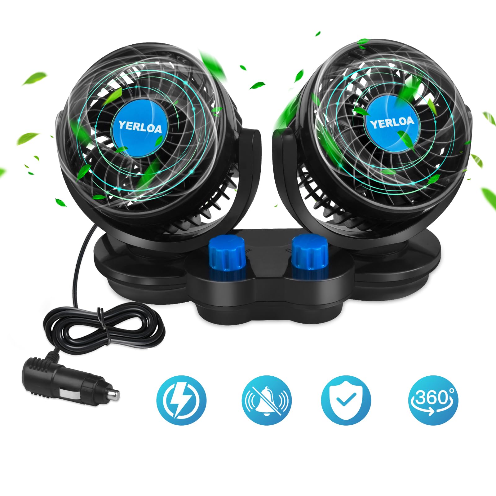 Yerloa Ventilatore Auto 12V a Doppia Testa Silenzioso 360° Raffreddamento per SUV Camper Barca RV
