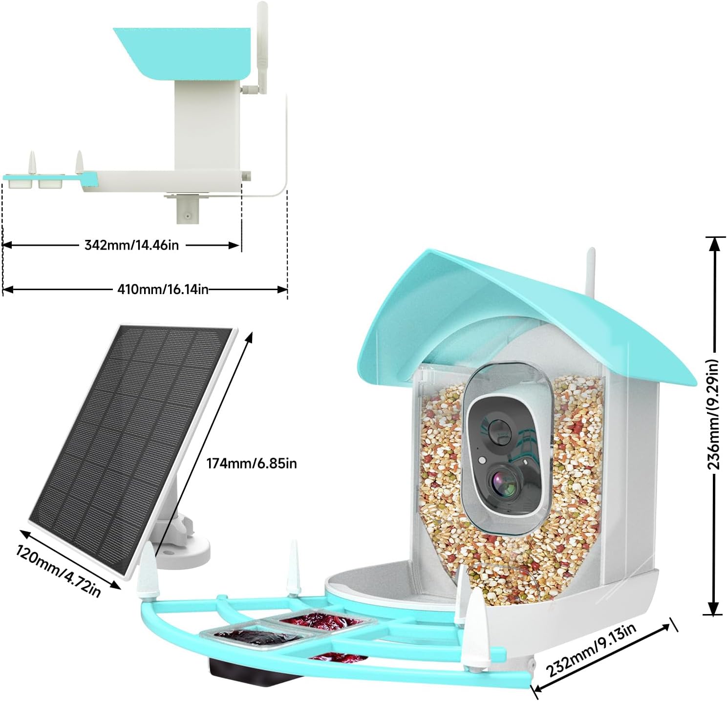 Detailed dimensions of the Fazoxo Bird Feeder with Camera