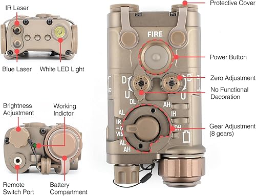 Miniatura 10 de NOBUHIRO Caja de metal Airsoft PEQ para visión láser táctica, 10 modos con láser rojoverde+luz blanca+láser IR para modos