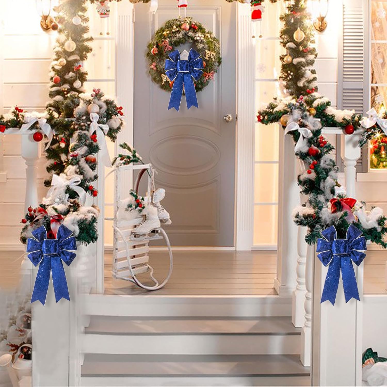 Threetols 2pcs Christmas Wreath Bows, Vintage Blue Velvet Bows for Wreath Xmas Decor Bows for Front Door, Navy Glitter Tree Bows for Winter Xmas Party Home Indoor Outdoor Decor - Image 5