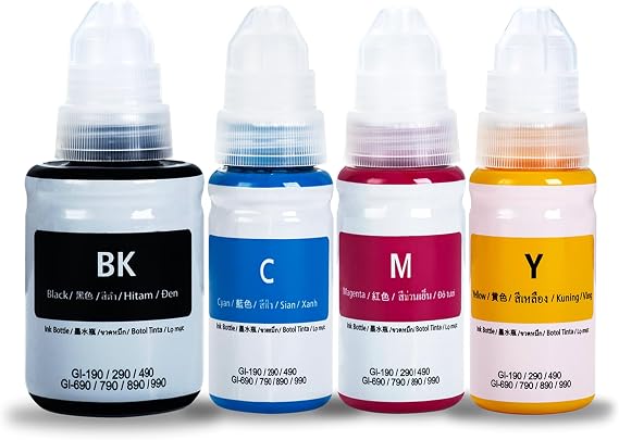 Compatible GI290 Refill Ink Bottle Replacement for Canon PIXMA G1000 G1200 G1800 G2100 G2200 G2400 G2800 G3000 G3100 G3600 G3800 G4100 G4600 Series Inkjet Printer (1 Bk,1 C,1 M,1 Y, GI-290 ，4 Pack)