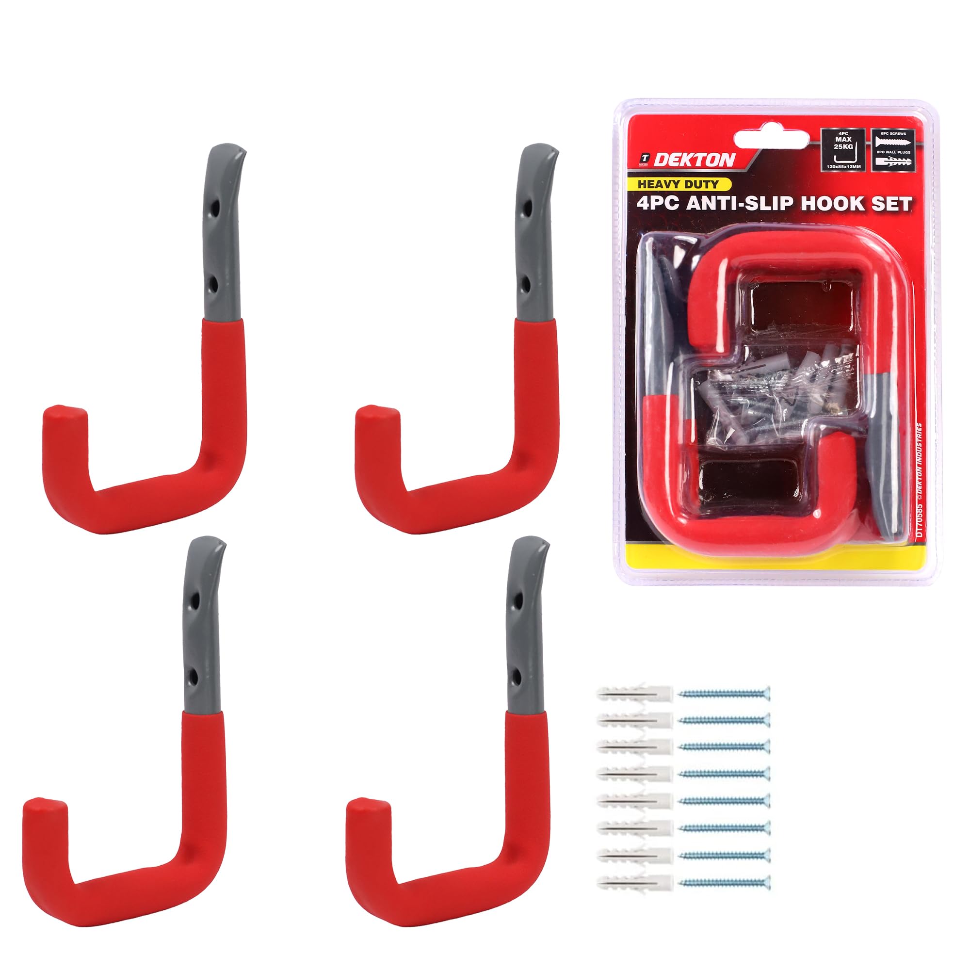 DEKTON 4PC 12cm x 8.5cm General Purpose Wall Hooks - Max Capacity of 25kg | Ideal for Hanging Tools, Coats, Bags, and More | Durable, Rust-Resistant Metal Construction for Home, Garage, or Office