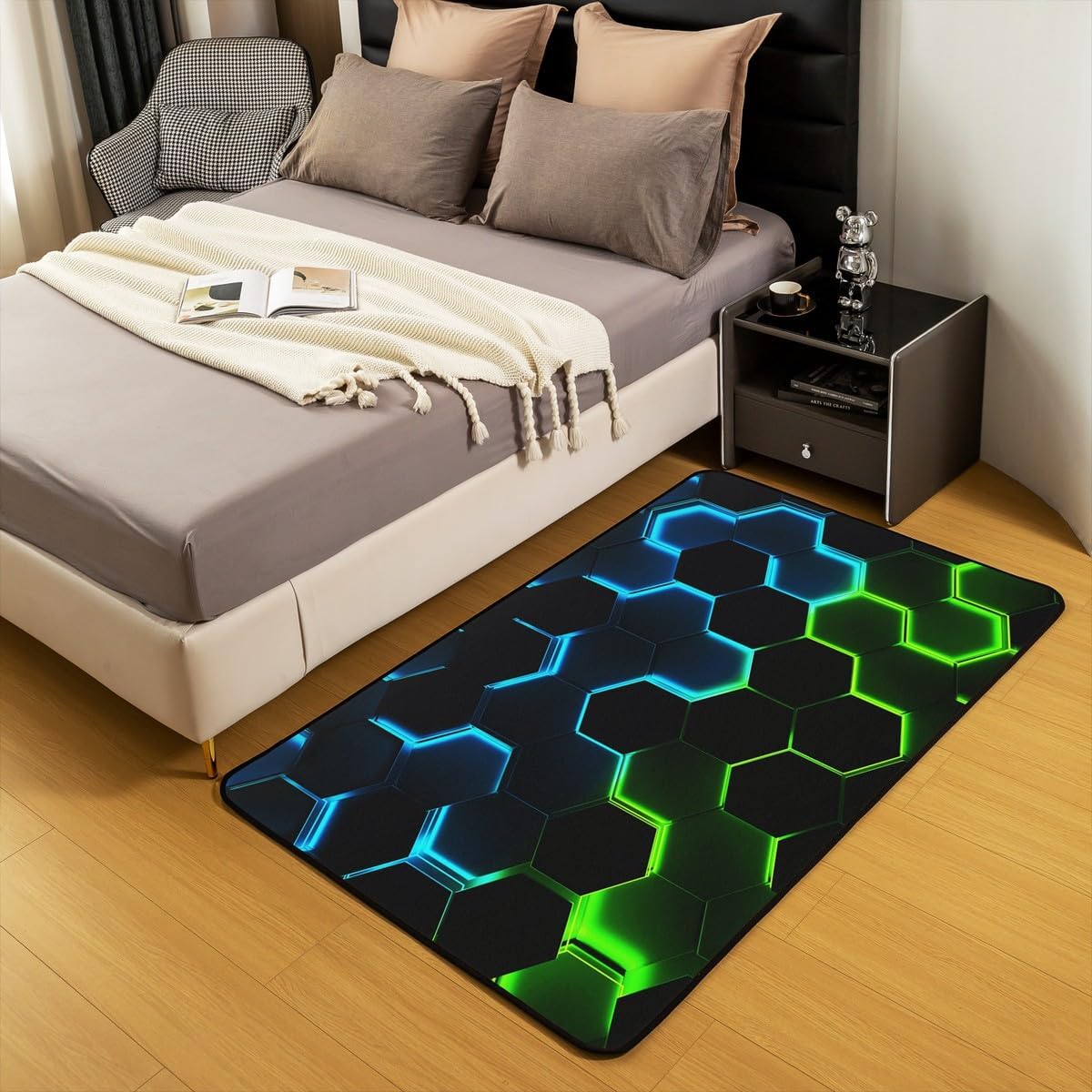 3D Abstract Hexagon Area Rug 5x6'6'' Blue Green Neon Light Geometric Plaid Rug for Teens Adults Black Honeycomb Modern Simple Style Non Slip Carpet for Living Room Office