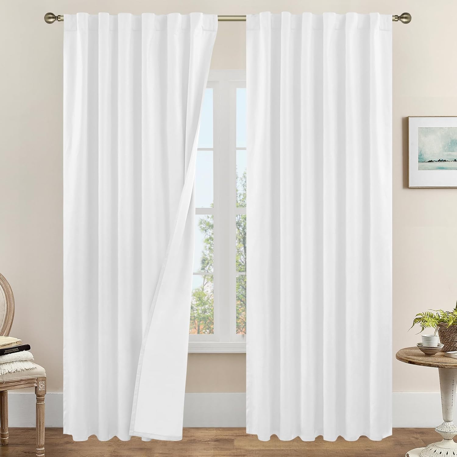 LAMIT White 100% Blackout Linen Curtains, 84 Inches Linen Textured Living Room Farmhouse Curtains Full Room Darkening Back Tab and Rod Pocket Burlap Panels with White Liner, 2 Panels, 52 x 84 Inch 52"W x 84"L (Pack of 2) White