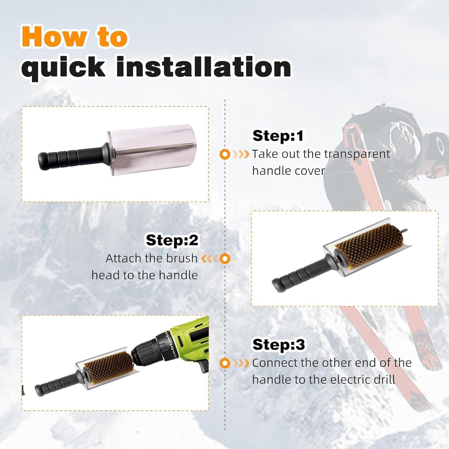 Kit de cepillos de esquí Roto de 140/300 mm, juego de cepillos de cera de snowboard con 3 cepillos para taladro eléctrico, fácil de quitar la cera