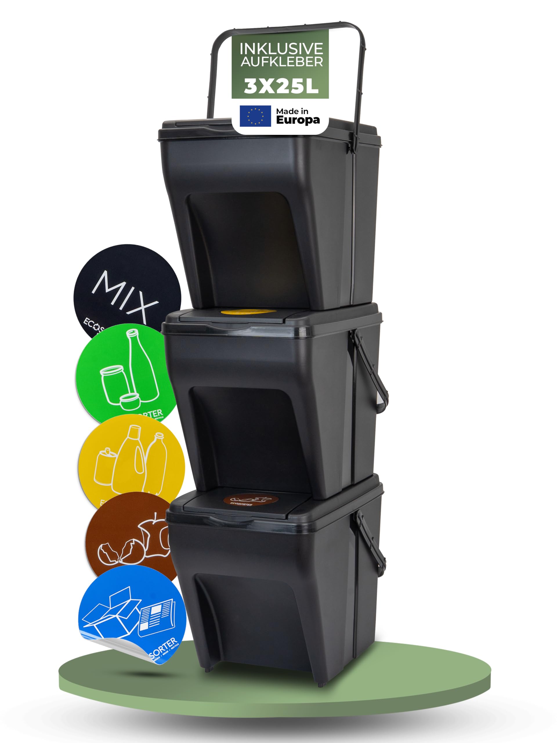Novaliv Mülltrennsystem Set - 3x 25L Mülleimer Trennsystem - Mülleimer 4 Fächer - Mülltrennsysteme stapelbar - Mülltrennung Recycling Behälter - Abfalltrennsystem - Müll Organizer Müllsortierer
