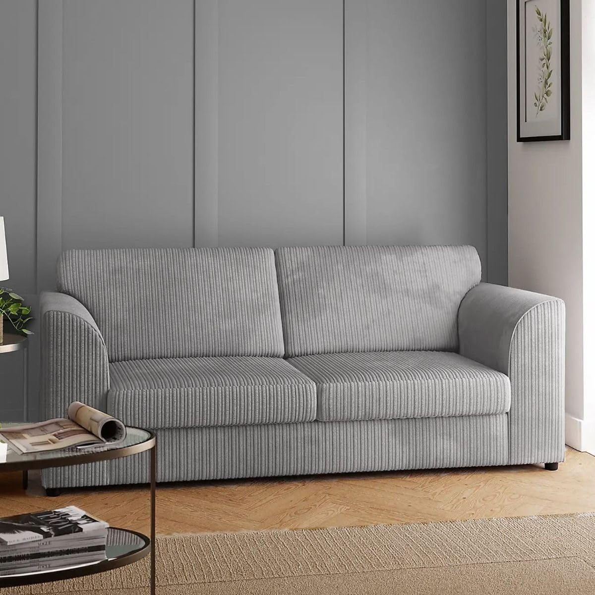 Sofa Select, Set di divani jumbo di alta qualità a coste 3+2 posti, con cuscini, schienale alto e braccioli comodi, design moderno ed elegante, per soggiorno, ufficio, camera da letto, colore argento