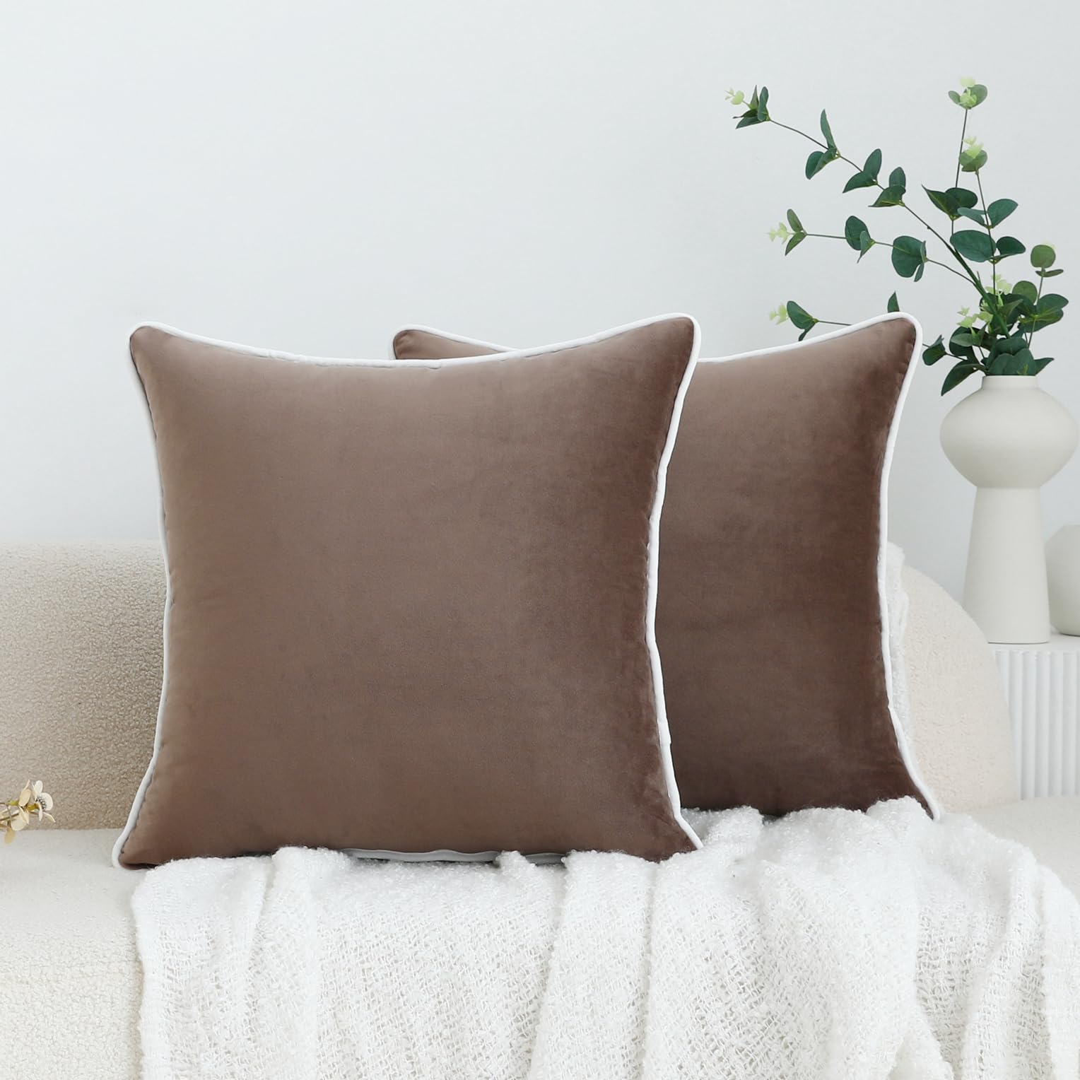 LIGICKY Set of 2 Tan Throw Pillow Covers Modern Minimalist Style Solid Decorative White Rope Edging Soft Square Cushion Cases for Sofa Bedroom Party Décor
