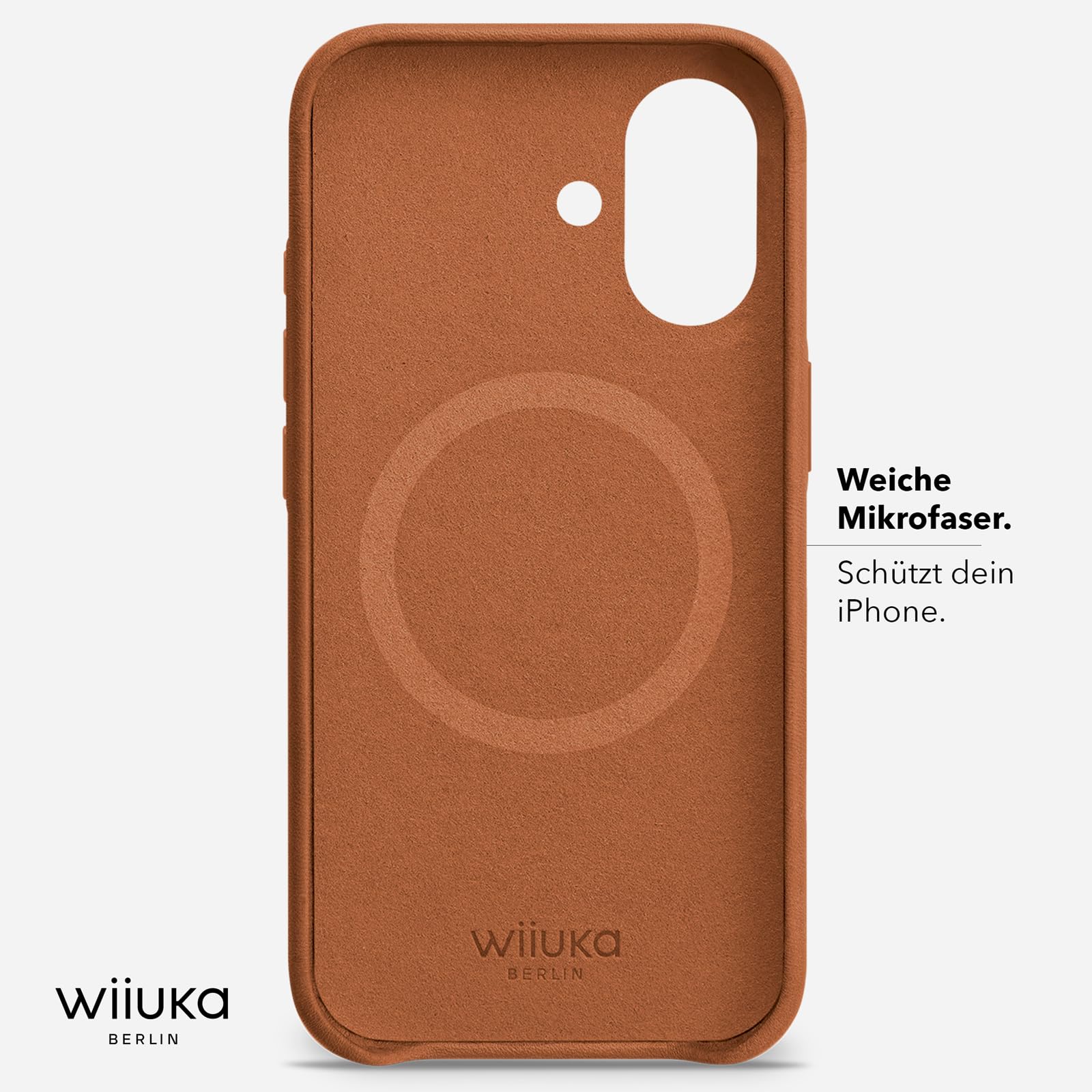 WIIUKA Hülle für iPhone 17, Leder aus Deutschland, Lederhülle extra Dünn, Premium Handyhülle, Case, Qi, skiin More, Vintage Cognac