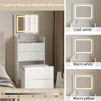 Dressing Table with Flip Top Mirror and LED Lights, 2-in-1 Small Makeup Table with 3 Drawers & Cushioned Stool, Compact Vanity Desk Set for Bedroom Small Spaces, White