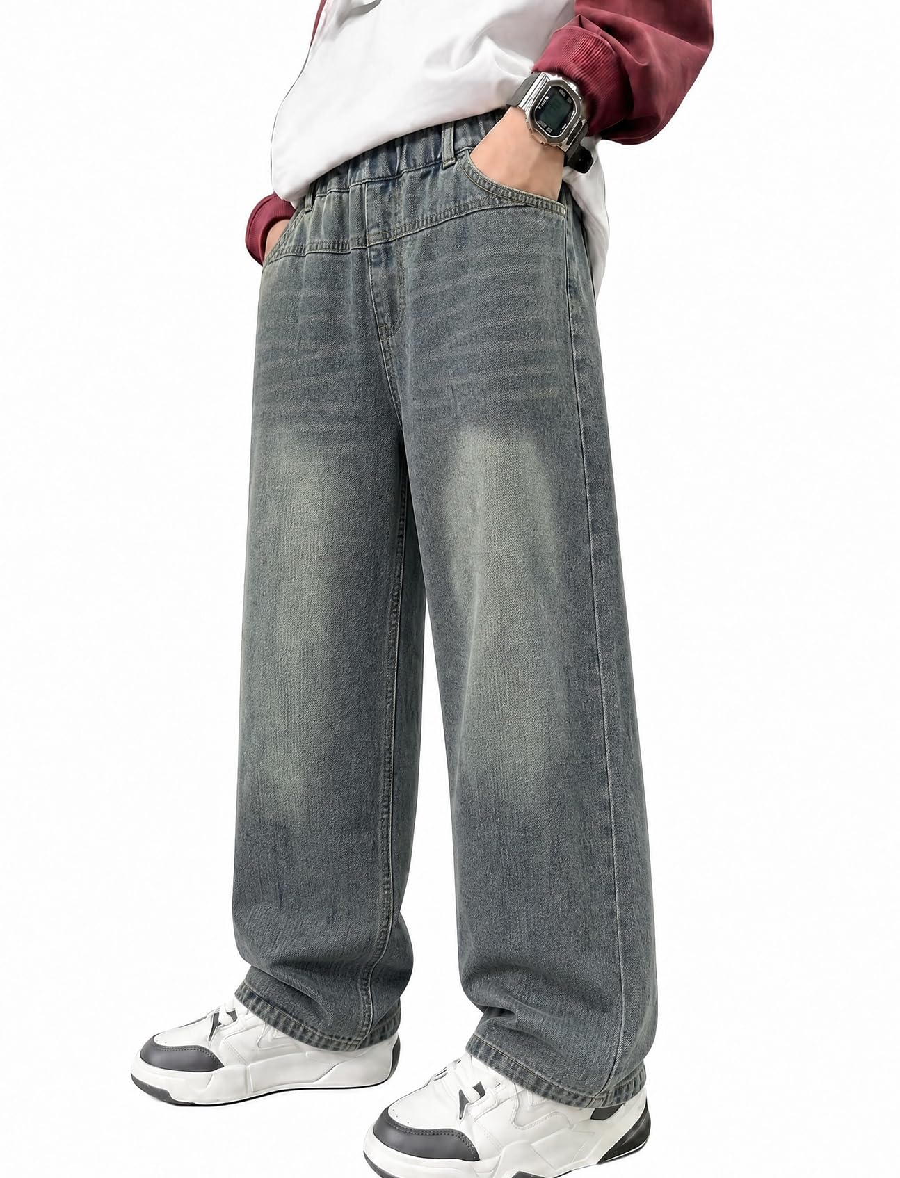 JiAmy Jungen Jeanshose Elastischem Bund Baggy Jeans Jungs Weites Bein Y2k Kinder Cargohose Baumwolle Denim Hosen für Jungen Mädchen 120-160 (5-14 Jahren)