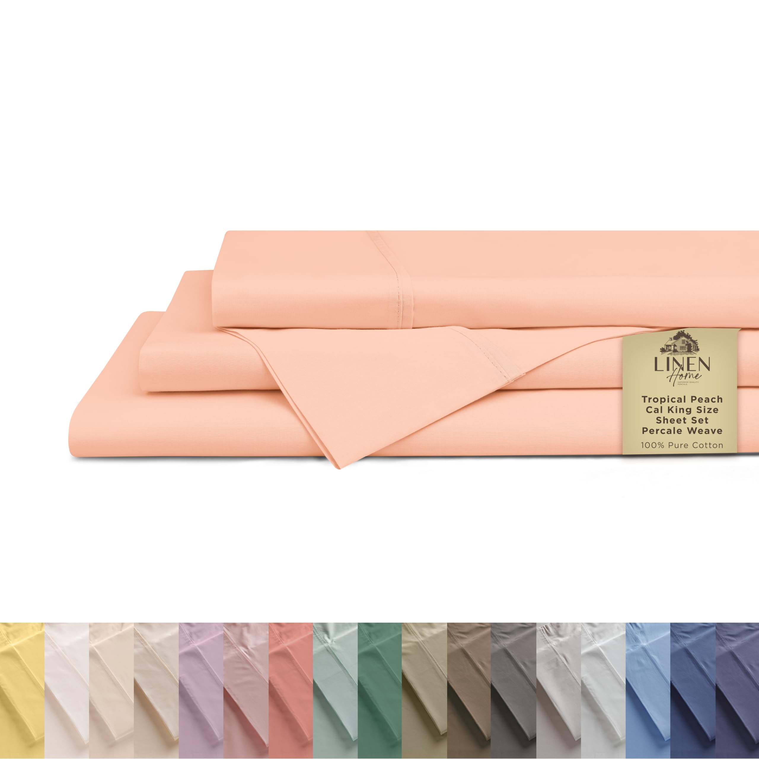 Linen Home 100% Cotton Percale Sheets California King Size, Tropical Peach, Deep Pocket, 4 Pieces Set- 1 Flat, 1 Fitted and 2 Pillowcases, Crisp Cool and Long Staple Strong Bed Linen