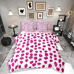 Erosebridal Hot Pink Polka Dots Bedding Sets Abstract Geometric Spots Twin Comforter Set 7 Piece for Kids Girls Women Boho Brush Stroke Bed in A Bag with Sheets Fashion Bed Set All Season Room Decor