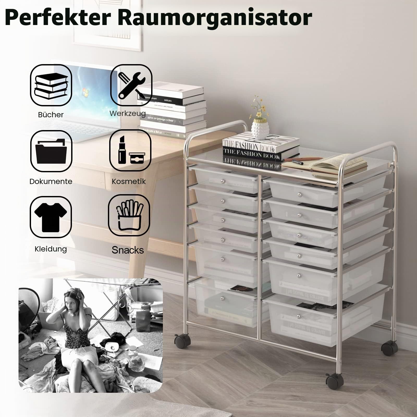 GIANTEX Rollwagen mit 12 Schubladen stapelbar, Schubladenwagen Badrollwagen Küchenwagen mit feststellbaren Rollen, Aufbewahrungswagen Haushaltswagen für Küche Bad Büro 64x38x75 cm (Transparent)
