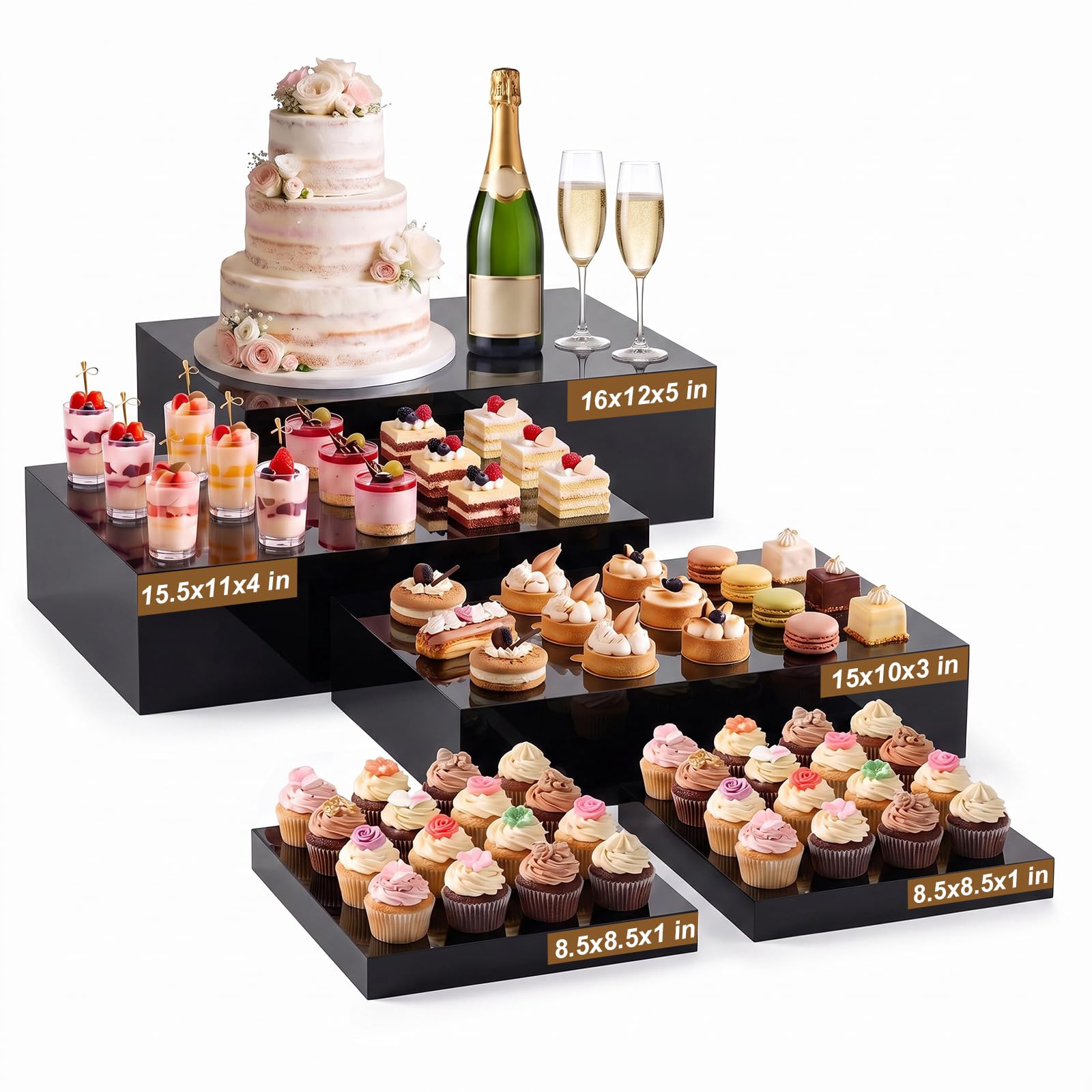 Leinuosen 5 Pcs Extra Large Buffet Risers Set Rectangle Acrylic Display Box Catering Dessert Table Riser Food Display Decorative Stand with Hollow Bottom for Catering(Black)