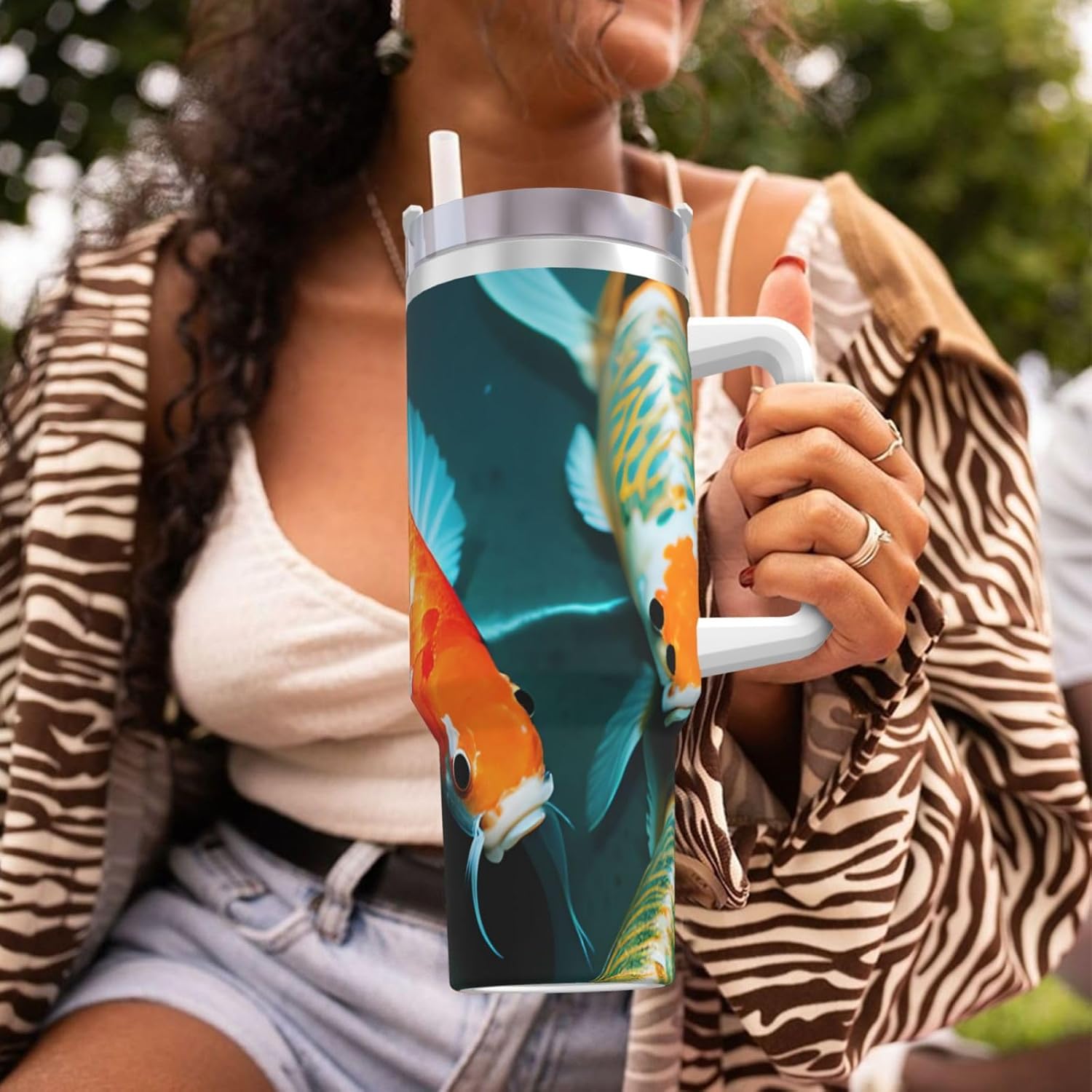 40 OZ HD Koi Fish Print Ice Bully Cup with Handle Straw Lid Straw,Stainless Steel Tumbler Coffee Cup