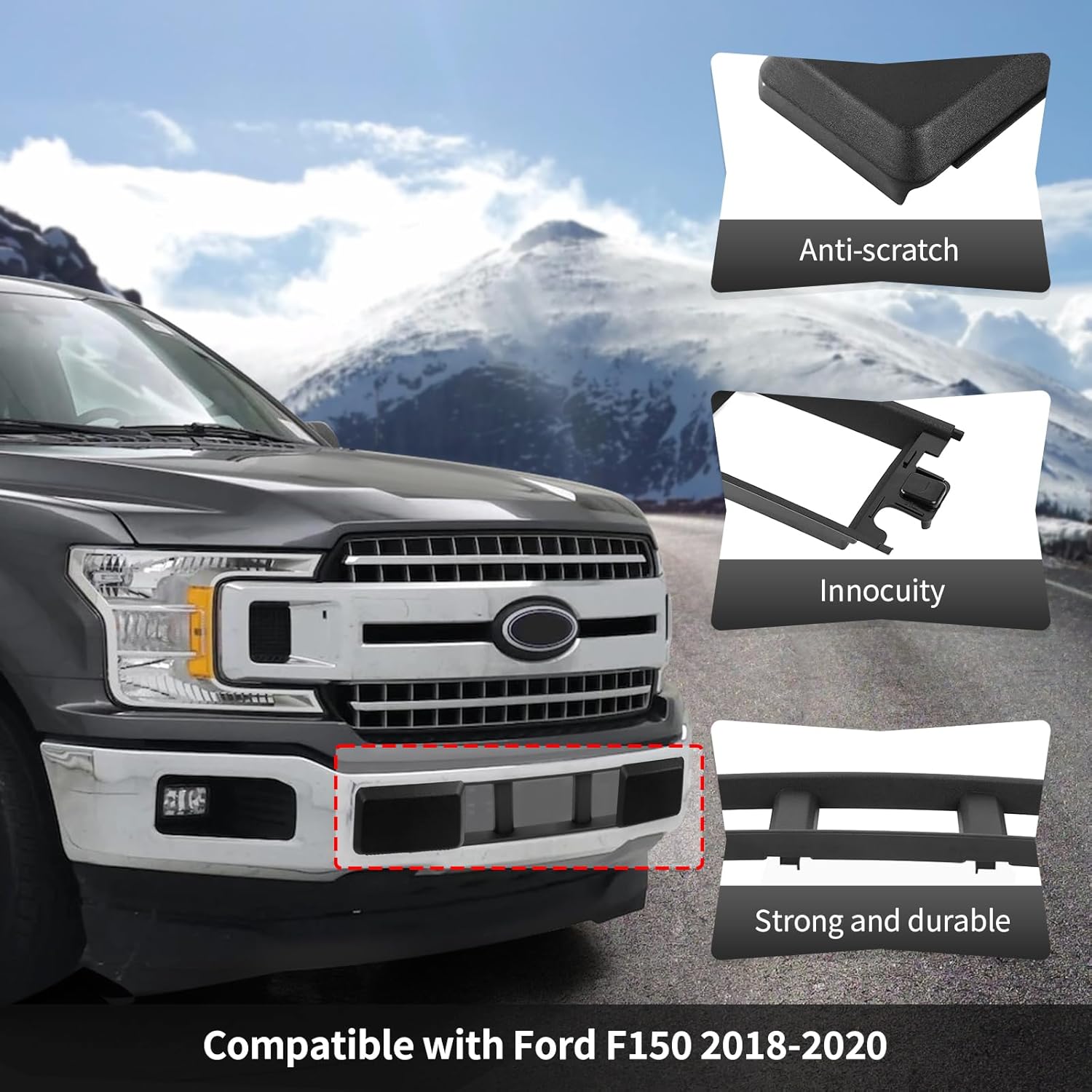 CheroCar Front Bumper Cover Lower Grille Trim Panel Cover Trim End Kit Fit for 2018 2019 2020 Ford F150 Exterior Accessories,Black